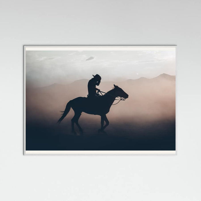 White Wood Cowboy Sunset Ride Poster