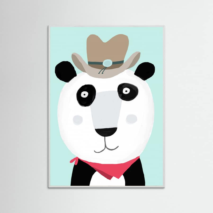 White Wood Funny Panda with Cowboy Hat by Artist Carla Daly Poster