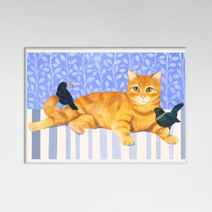 Ginger Cat and Blackbirds Poster – Poster und Kunstdruck