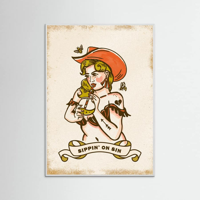 White Wood Sippin On Sin Cute & Sassy Cowgirl Art Poster