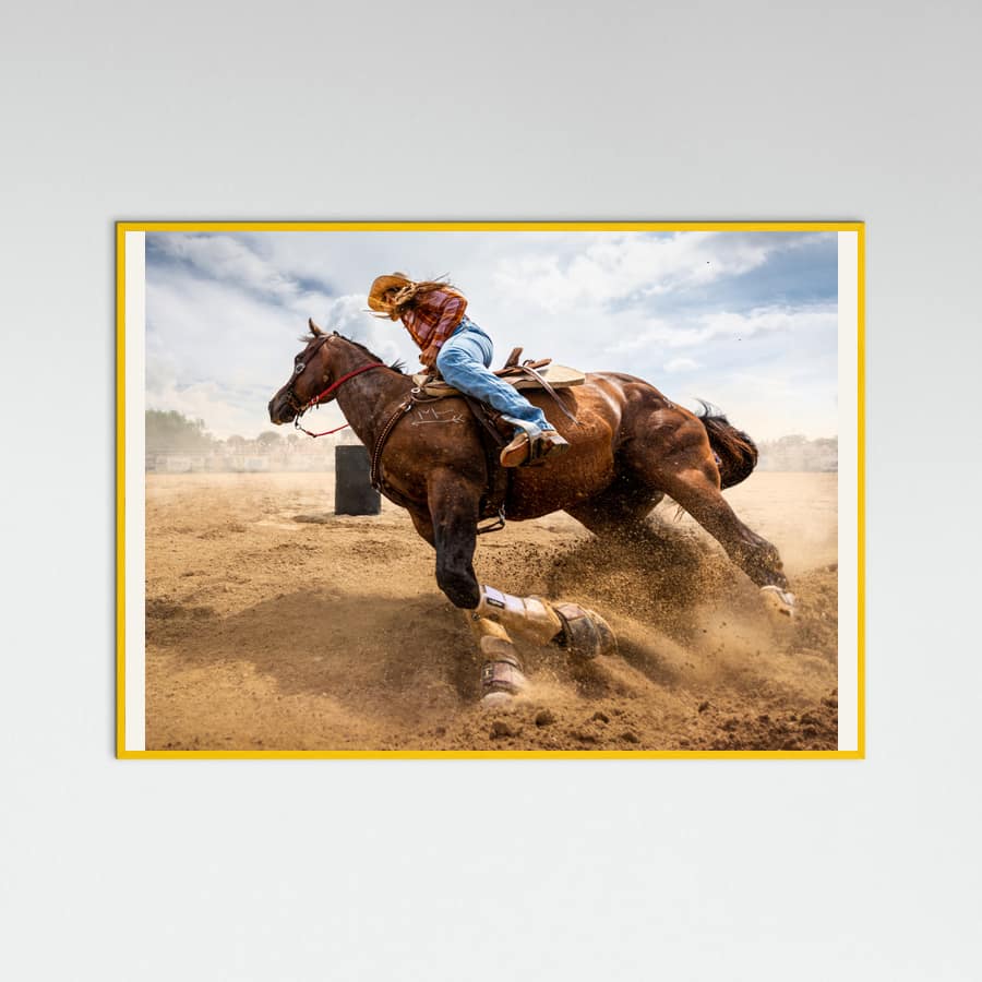 Yellow Wood Barrel Racing Action Poster