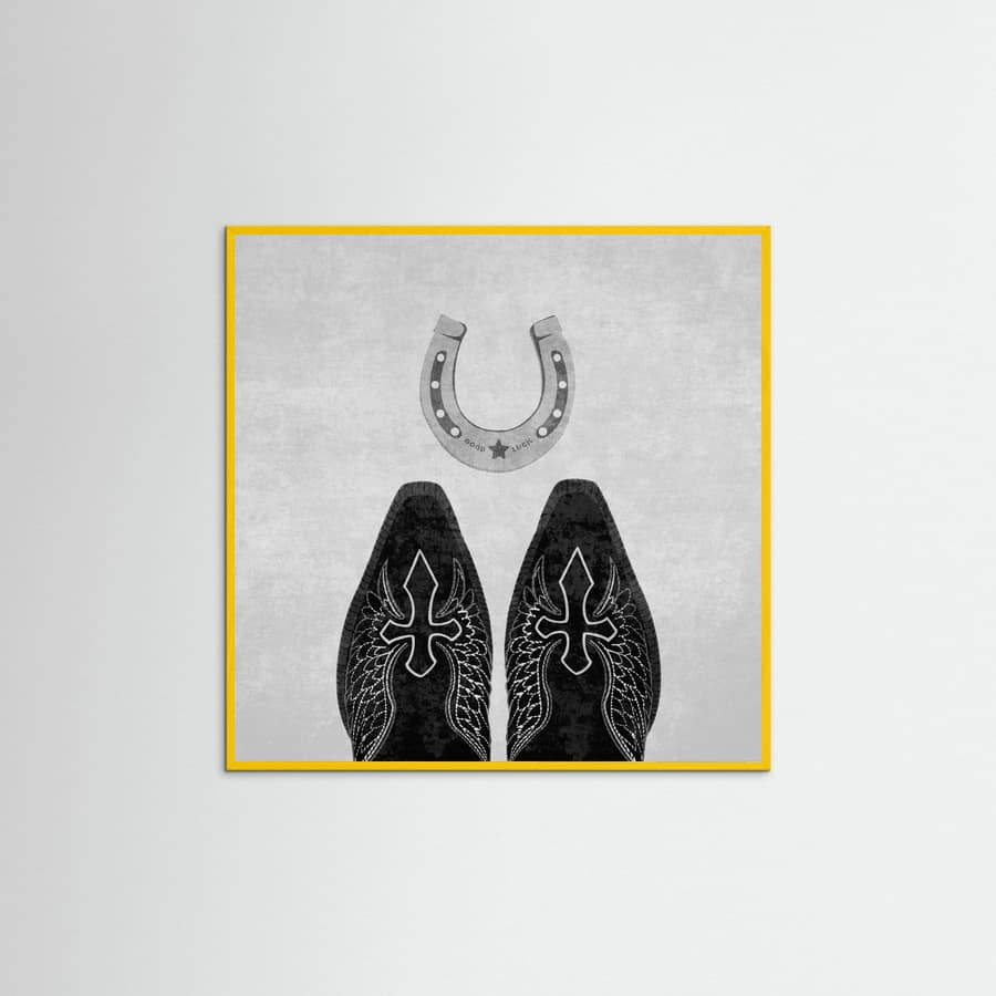 Affiche Bw Cowboy Boots and Horseshoe – affiche et impression d’art