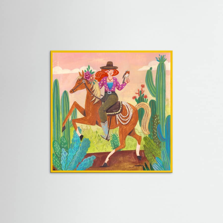 Yellow Wood Cowgirl on horse in the desert Poster