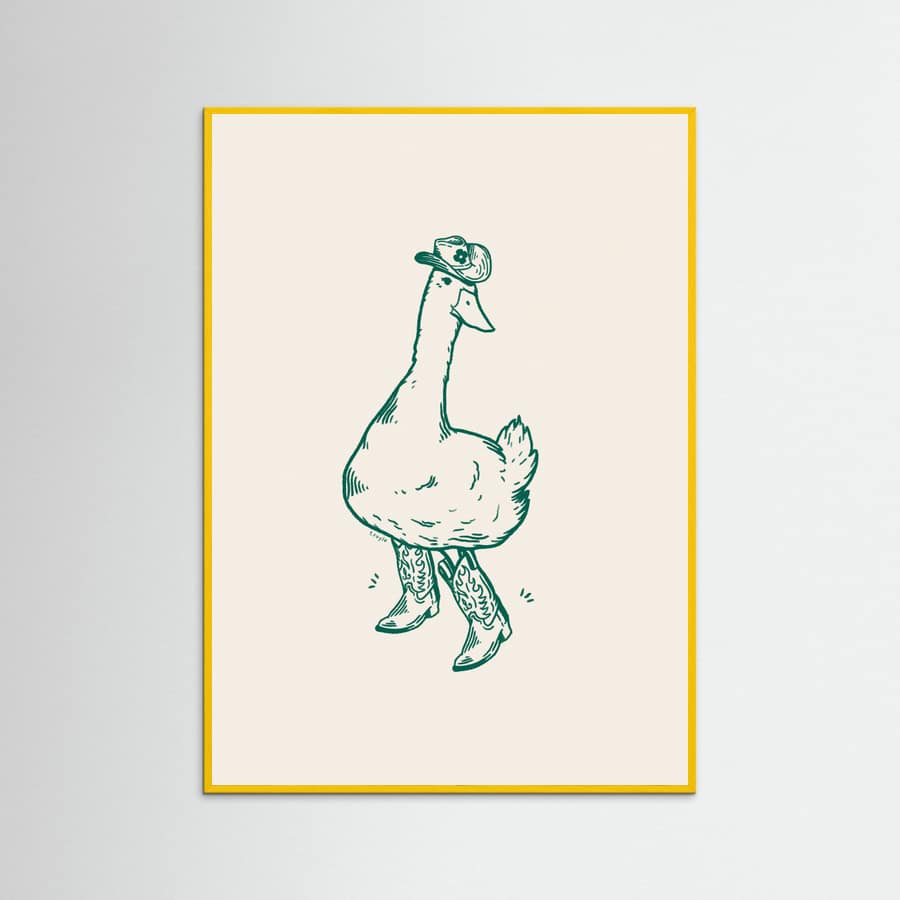 Yellow Wood Duck wearing Western Boots in green Poster