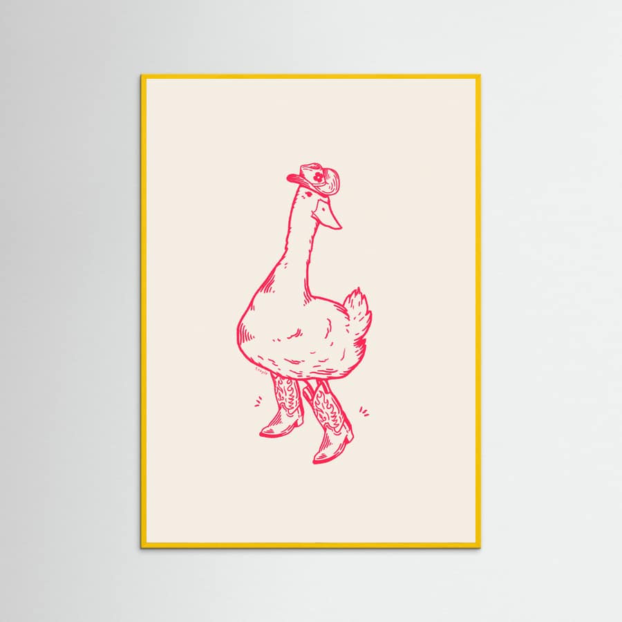 Yellow Wood Duck wearing Western Boots in pink Poster