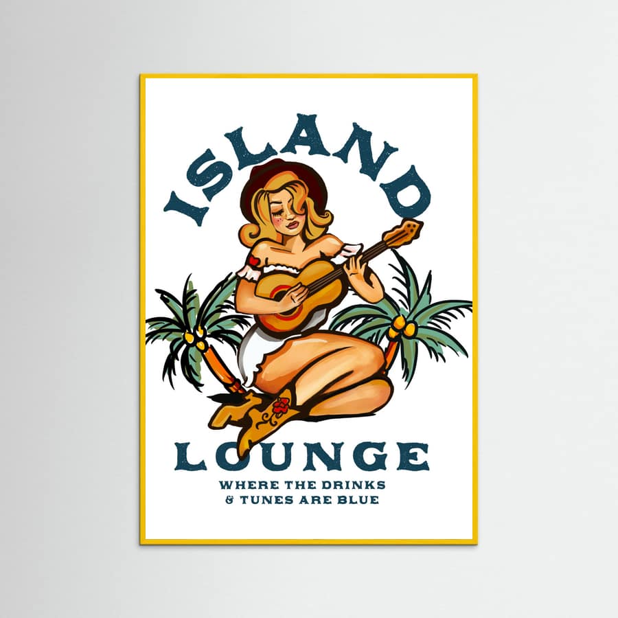 Yellow Wood Island Lounge Tropical Pin Up Girl Playing Guitar Poster