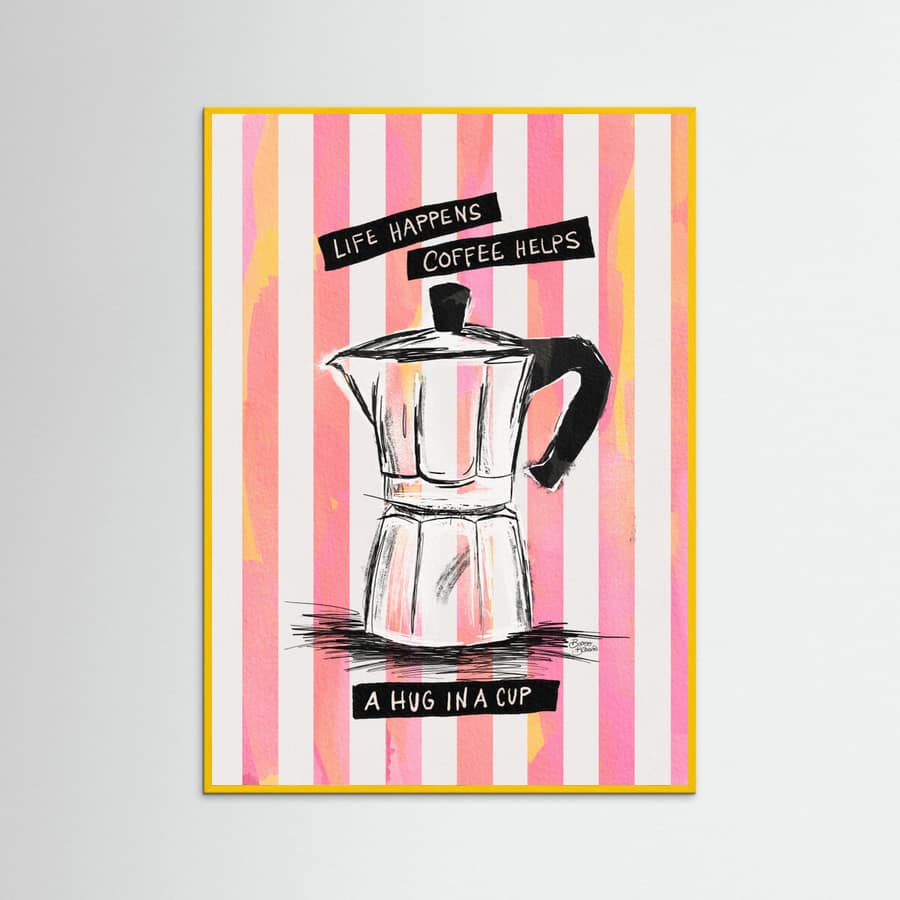 Mocca Coffee on Stripes - Hug in a Cup Poster – poster and art print