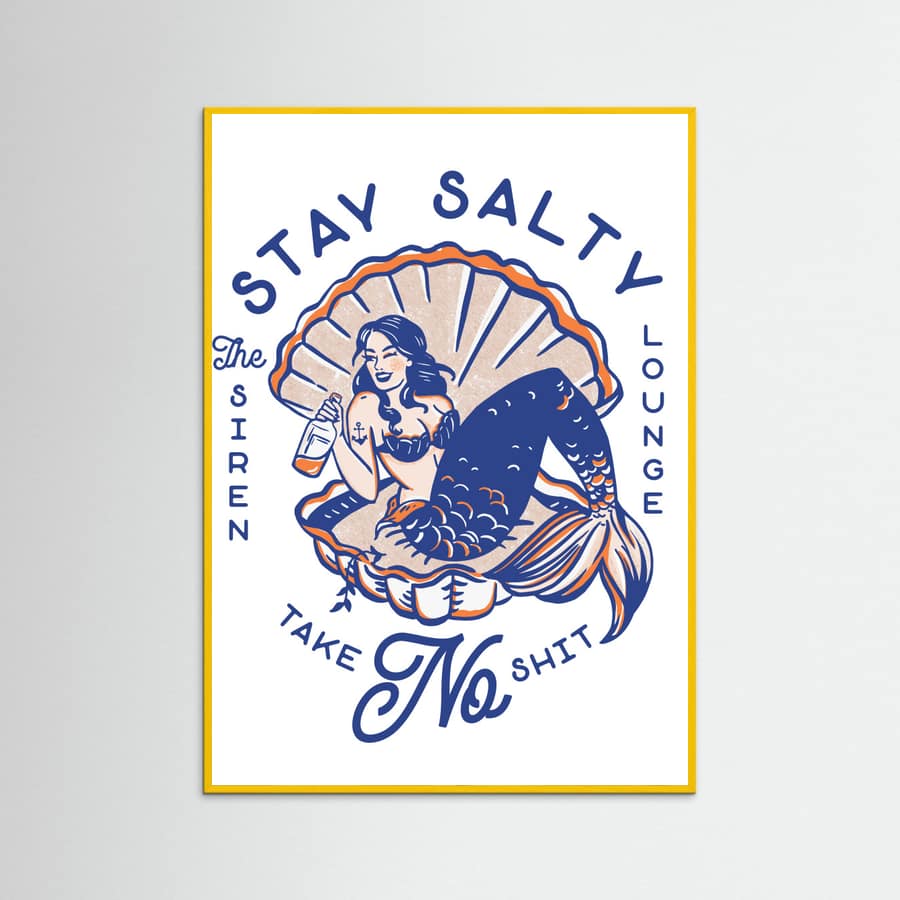 Yellow Wood Stay Salty Siren Lounge Pin-Up Mermaid Poster
