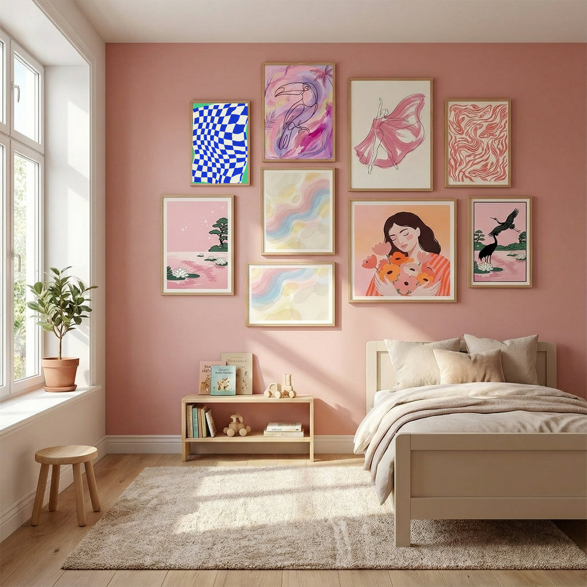 Blue Checker Cloth Poster by Little Dean in Serene Pink gallery wall
