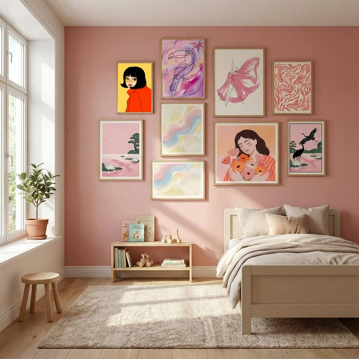 Girl In Red Coat Poster by Dianne Nicole Fernando in Serene Pink gallery wall