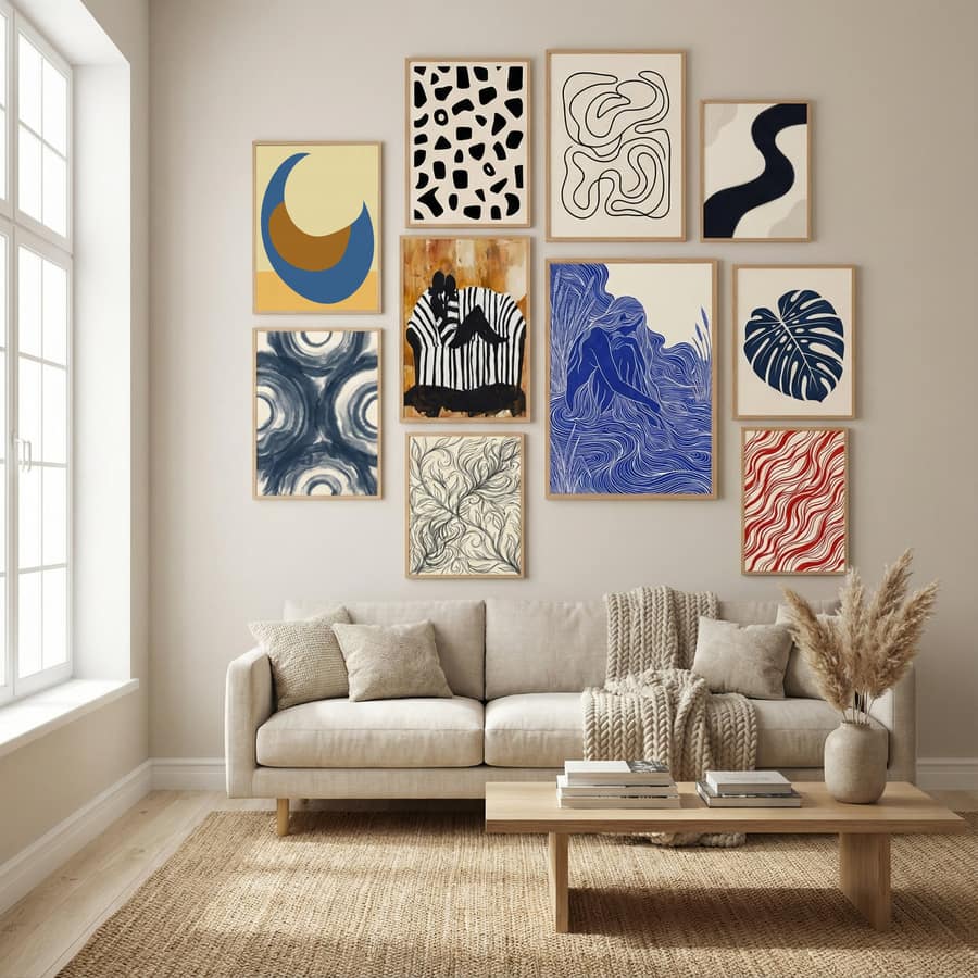 Abstract shapes in blue, terra and butter yellow Poster by Dina Dankers in Winter Sanctuary gallery wall