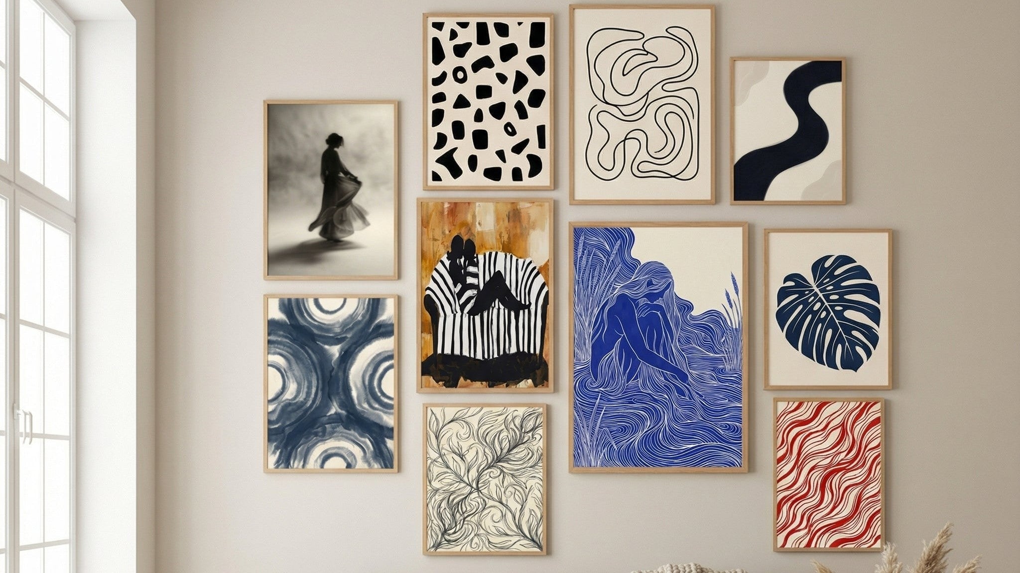 Farverig galleri-vaeg i lyst nordisk stue - shop the look