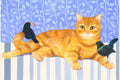Ginger Cat and Blackbirds Poster – Poster und Kunstdruck