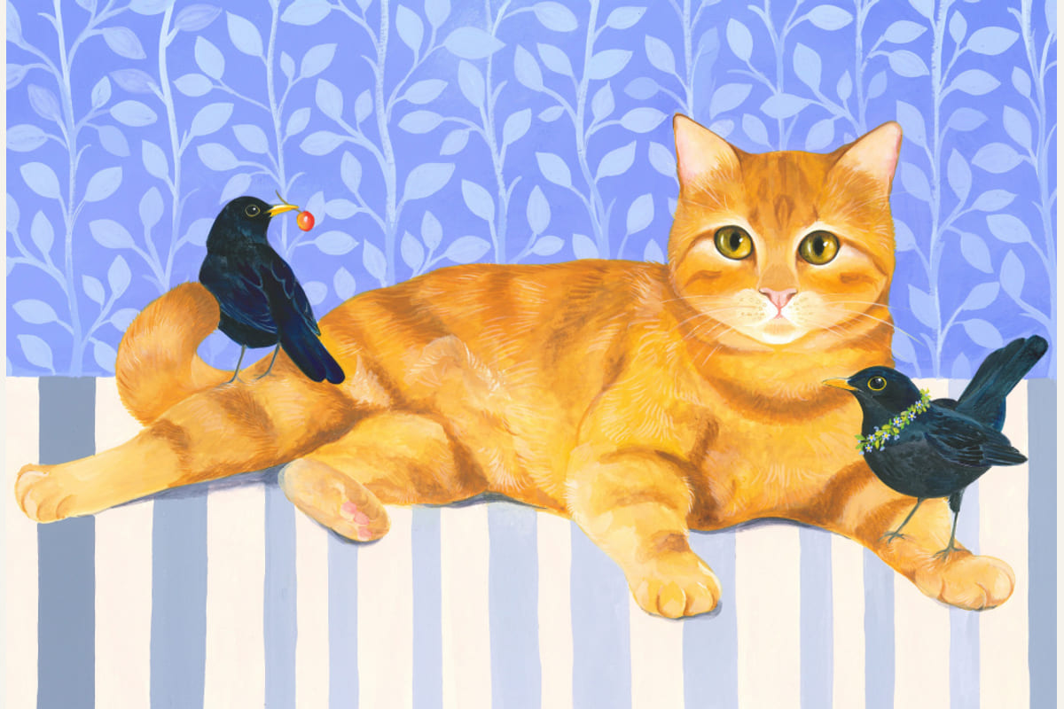 Ginger Cat and Blackbirds Poster – Poster und Kunstdruck