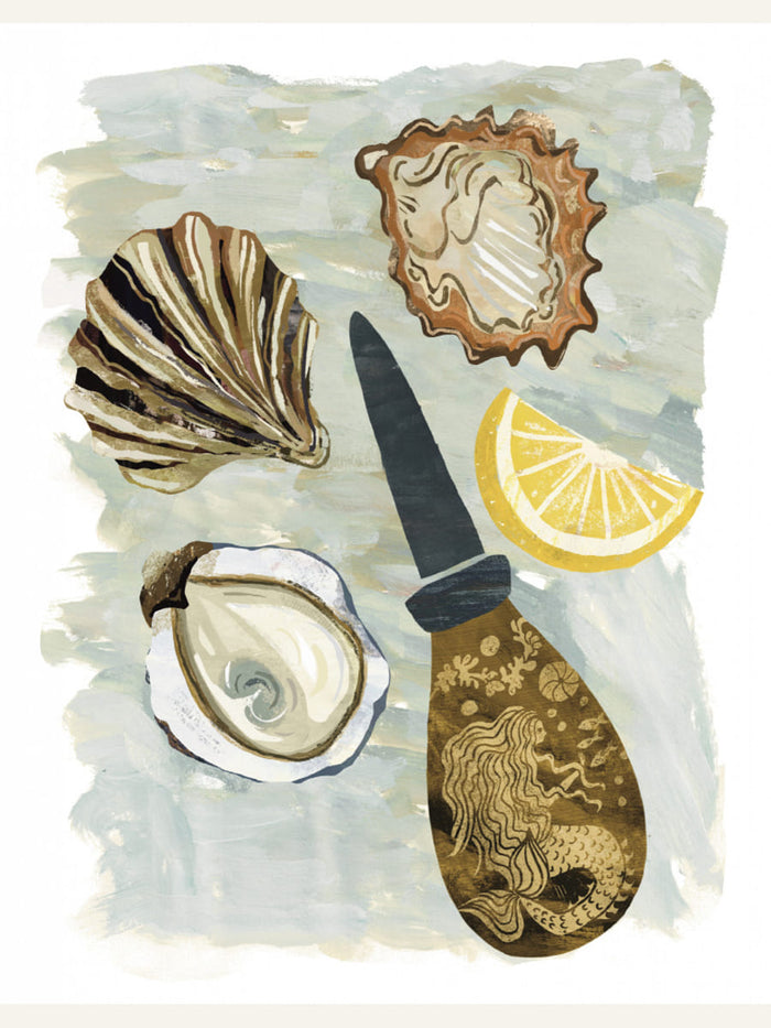 Affiche Oyster and a Shucker, foodie art, coastal whimsical mermaid, seafood – affiche et impression d’art