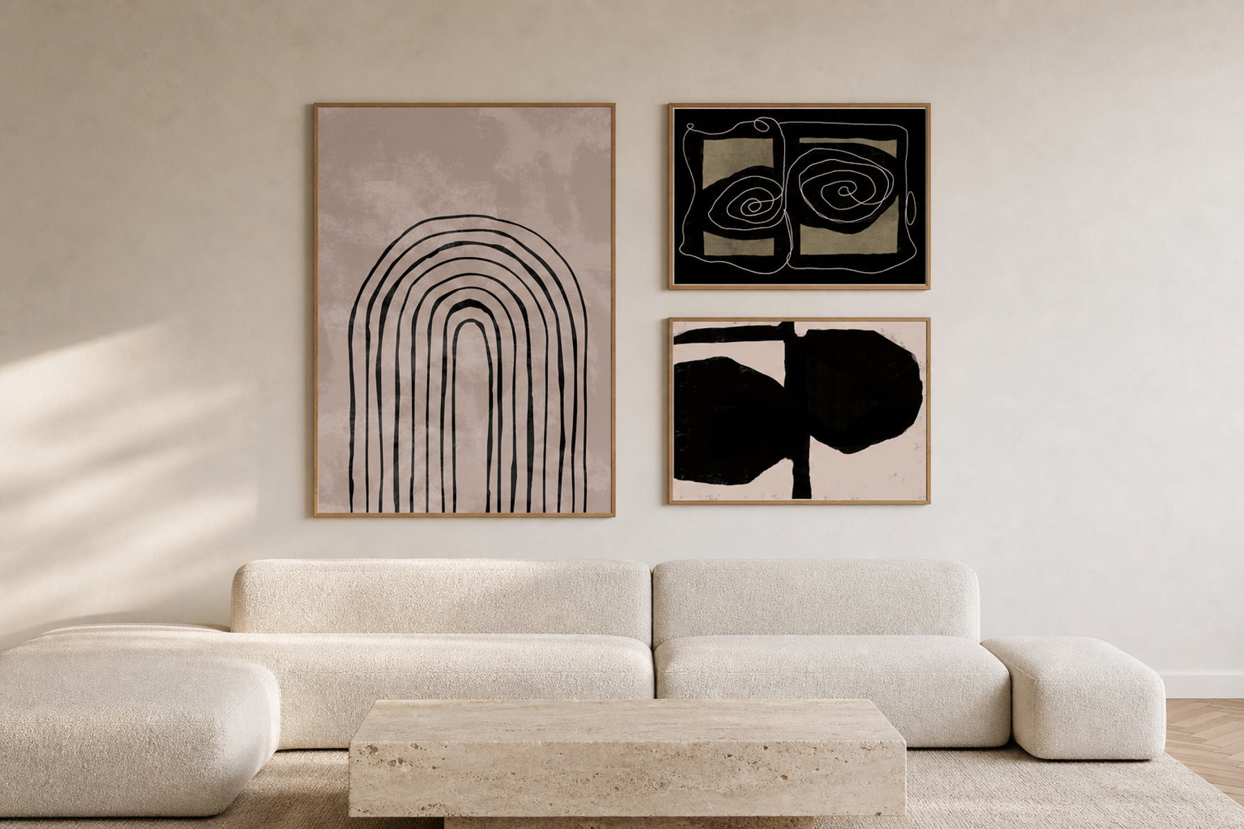 Un primo piano di una mano che scorre una pagina gallery pulita e minimalista su un tablet, mostrando varie scene di interni nordici.