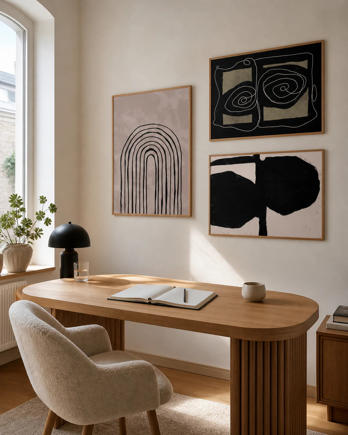 Salón nórdico con pósteres de arte enmarcados de PosterLeFi – Atención al cliente y FAQ