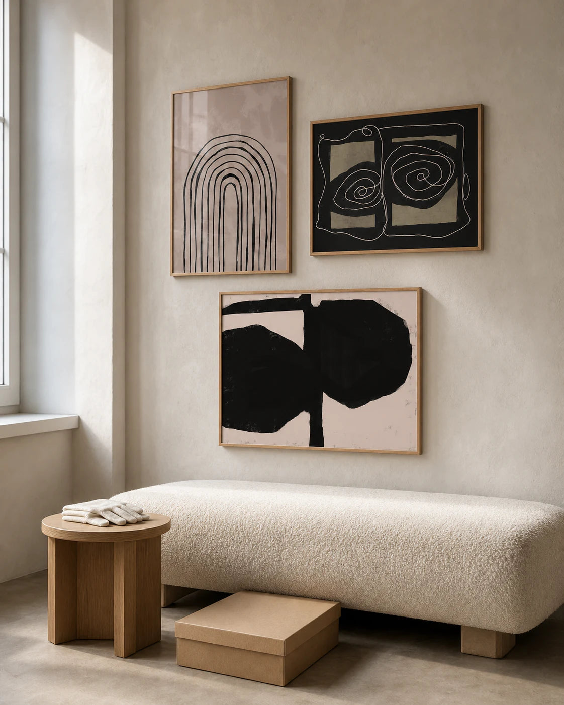 Nordic living room with framed PosterLeFi artworks – Returns & Refunds